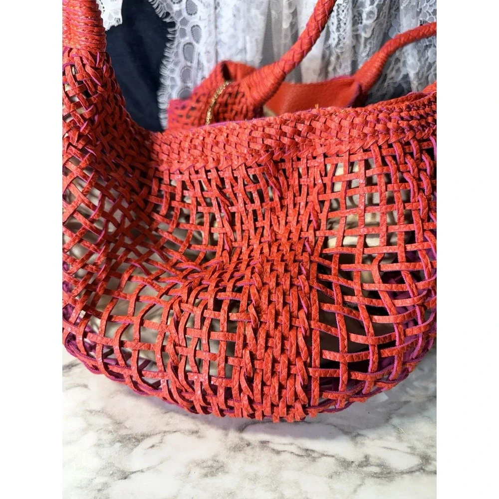 SR Squared by Sondra Roberts Woven Leather Hobo Tote Red Boho (A2951)